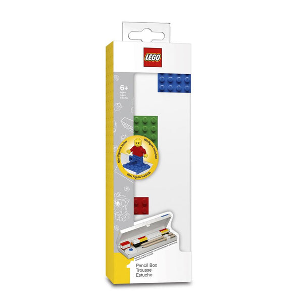 estuche lapicera de LEGO color blanco en forma de rectángulo con 4 bloques de LEGO en la tapa en colores rojo, azul, amarillo y verde, mide 7.6 por 21.6 por 3 cm, incliye una minifigura de LEGO estilo clásico.