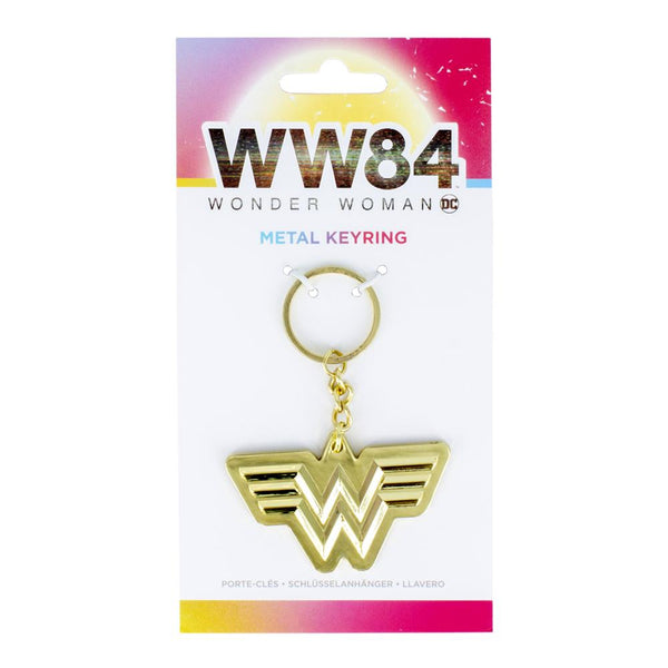 Llavero de la Mujer maravilla en color dorado, con el logotipo de la película Wonder Woman 1984.